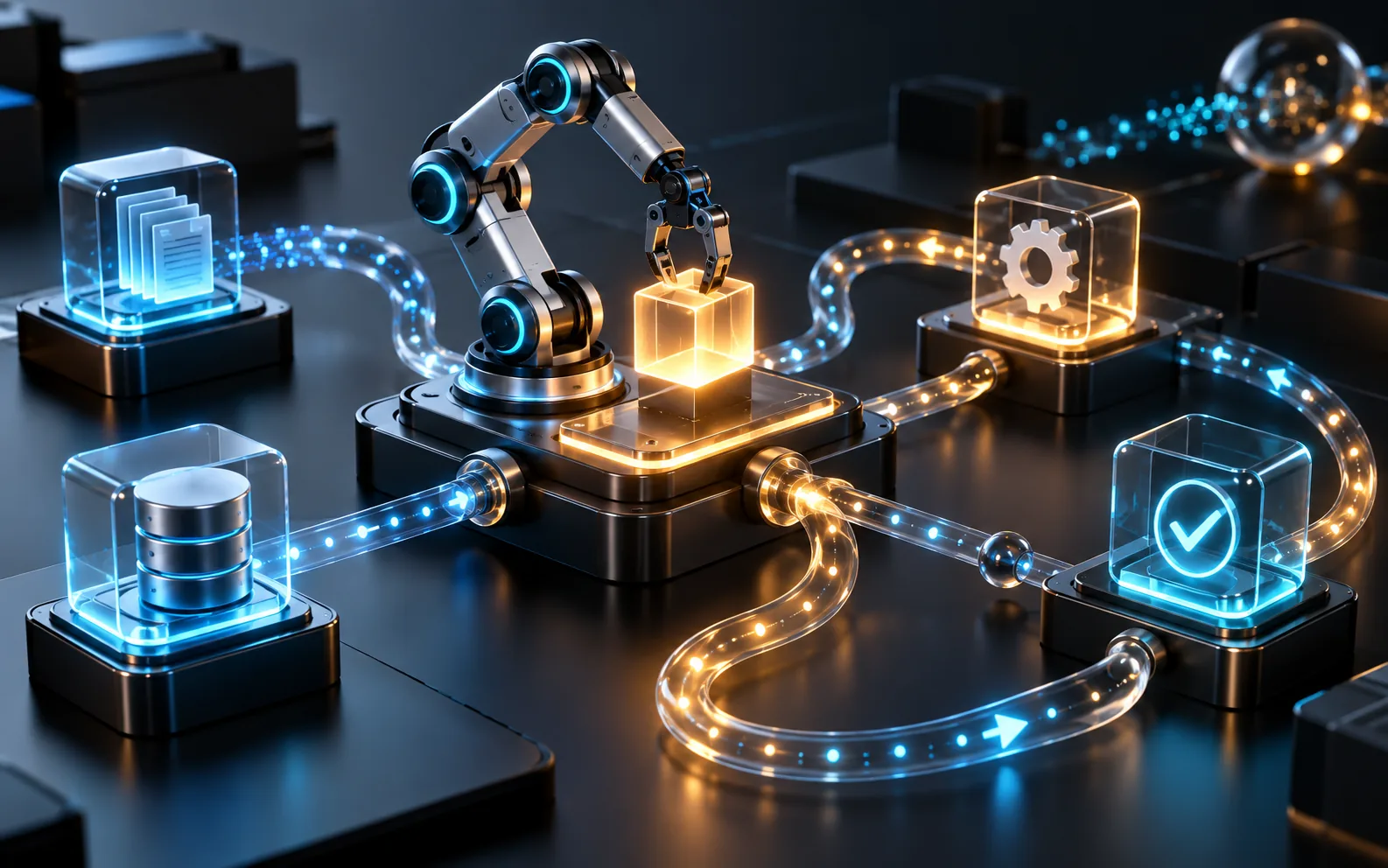 AI automation workflow with connected robotic systems