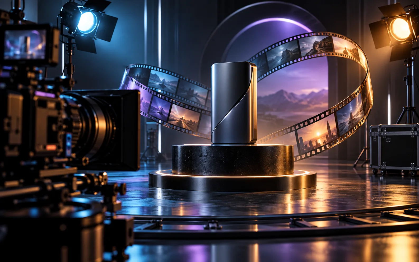 AI product video studio with cinematic camera and light trails