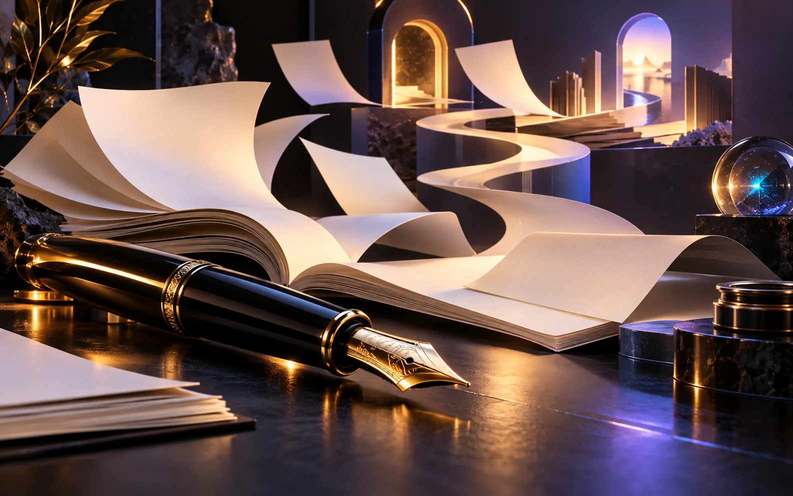 Content writing studio with editorial paper and fountain pen