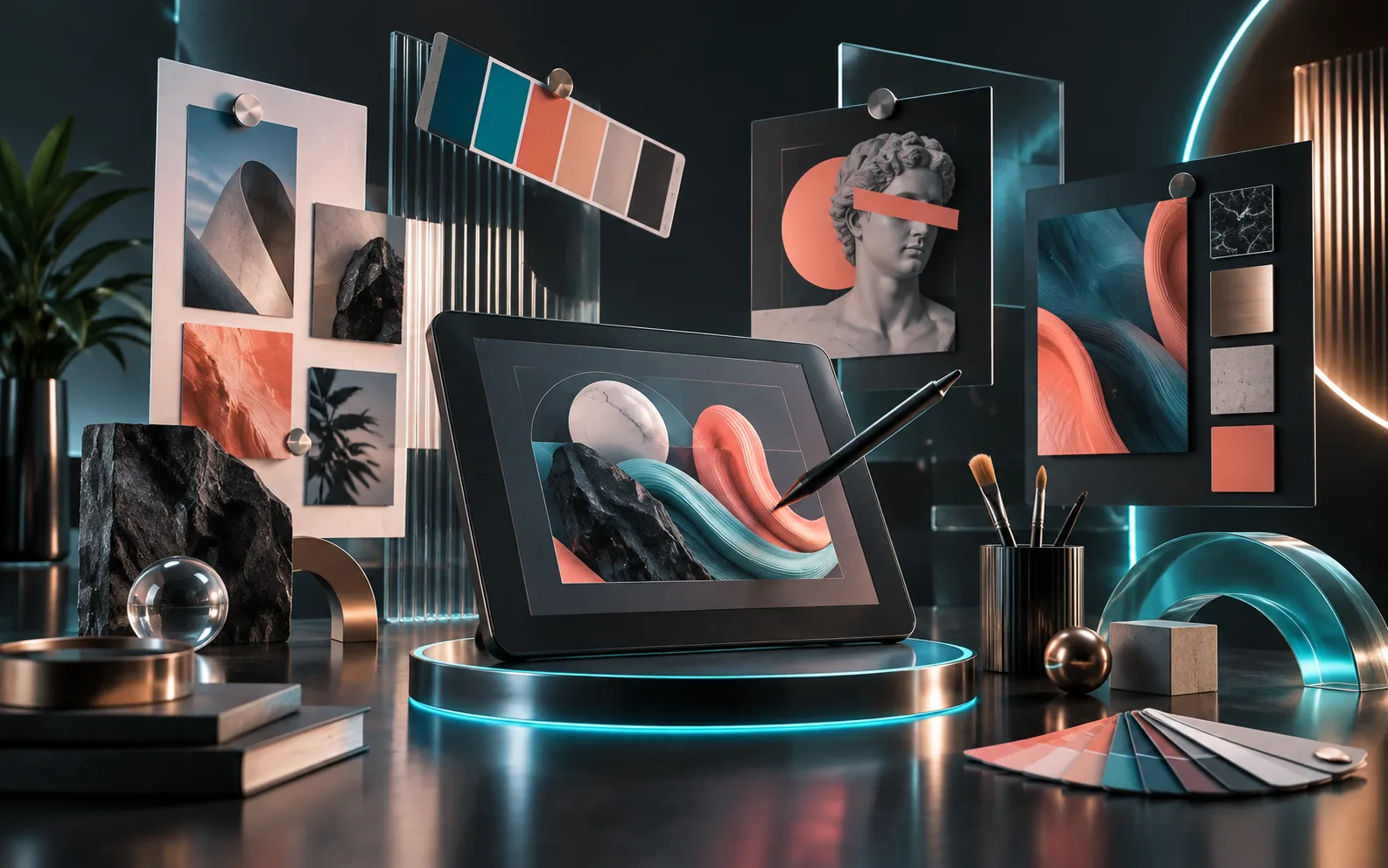 Creative design studio with art boards, swatches, and drawing tools