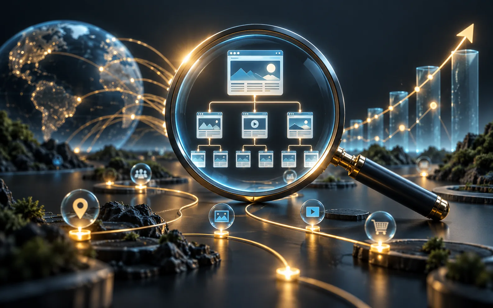 SEO search visibility visual with magnifying glass and website structure